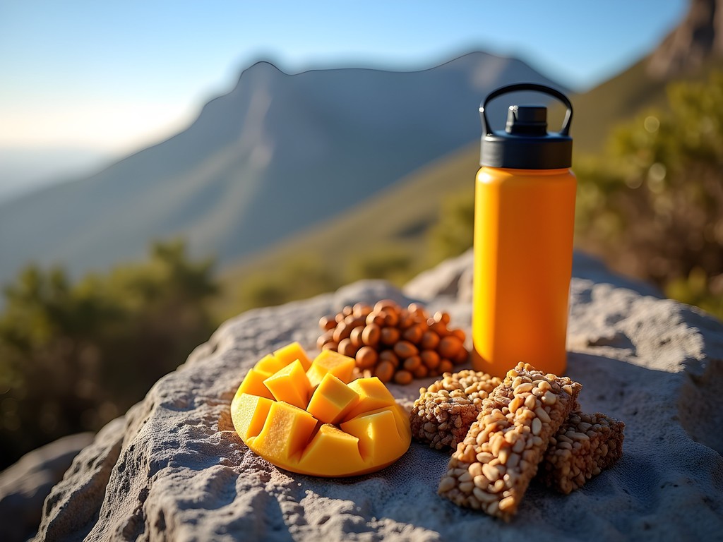 Assortment of vegan hiking snacks with Table Mountain view in background