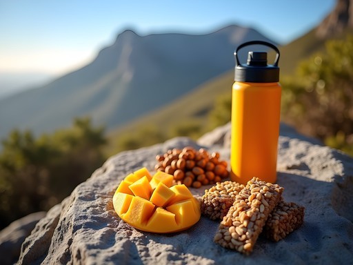 Assortment of vegan hiking snacks with Table Mountain view in background