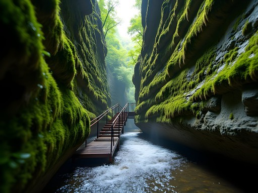 Metal ladders and walkways in Seven Ladders Canyon with flowing water