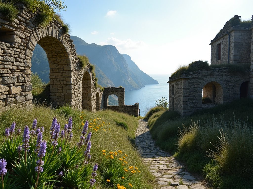 Stone ruins of the abandoned village of Lemmen above Cinque Terre with wildflowers growing among collapsed buildings