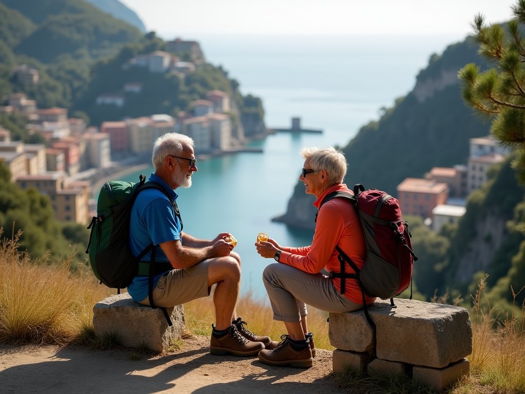 Senior hikers with proper equipment resting on stone bench overlooking Cinque Terre coastline