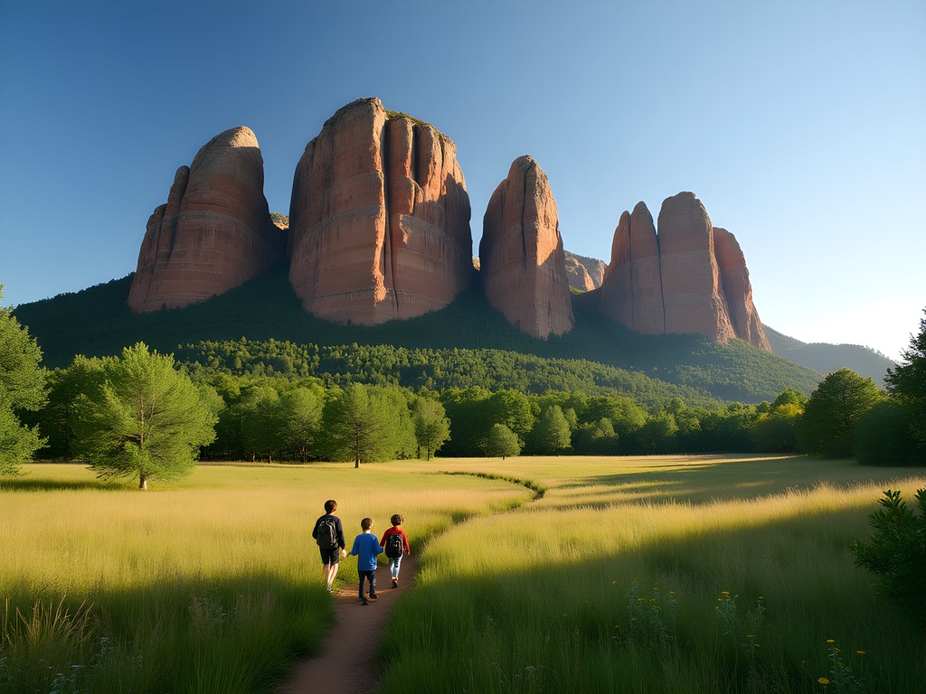 Morning light on the geometric Flatirons rock formations in Boulder with hiking family in foreground