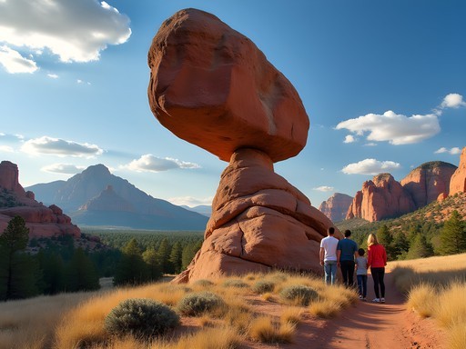 Family marveling at the iconic Balanced Rock formation in Garden of the Gods with Pikes Peak in background