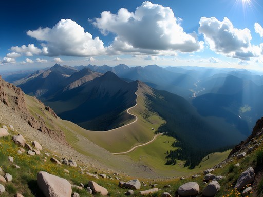 Panoramic view from Mount Evans summit showing vast mountain ranges and alpine landscape