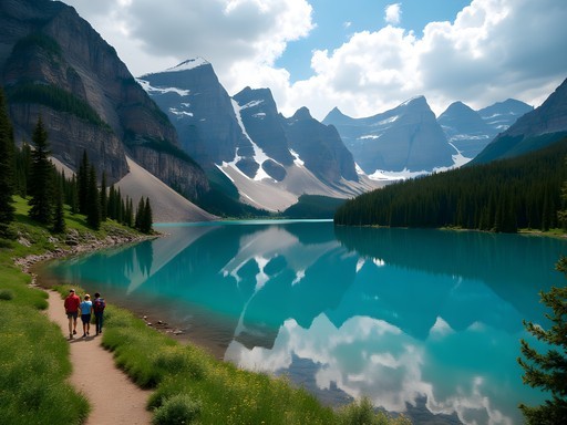 Family hiking to Emerald Lake in Rocky Mountain National Park with mountain reflections in crystal clear water
