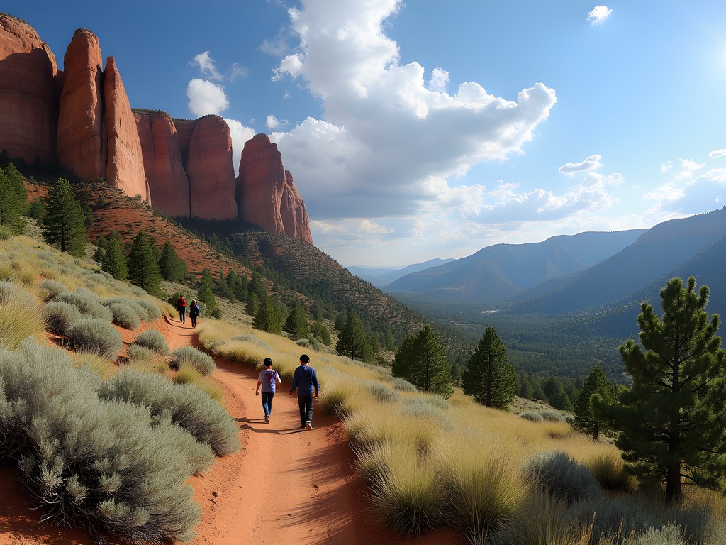 Dramatic red rock formations in Roxborough State Park with family hiking on trail through scrub oak