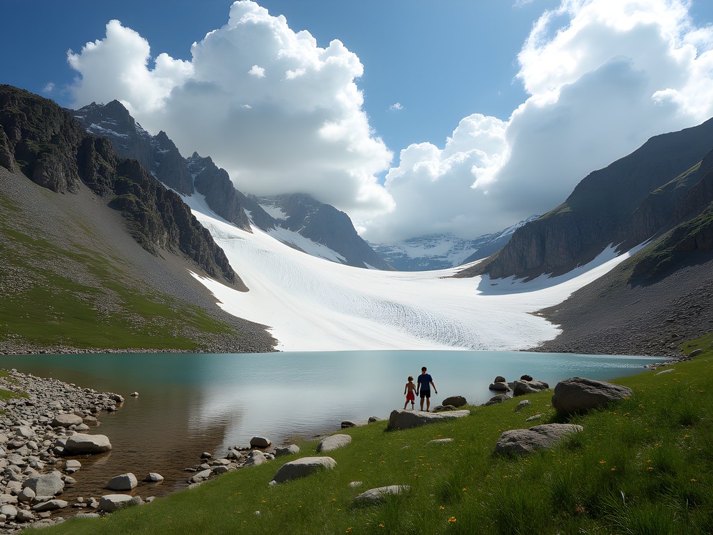 Family exploring St. Mary's Glacier snowfield in summer with alpine lake and mountain views