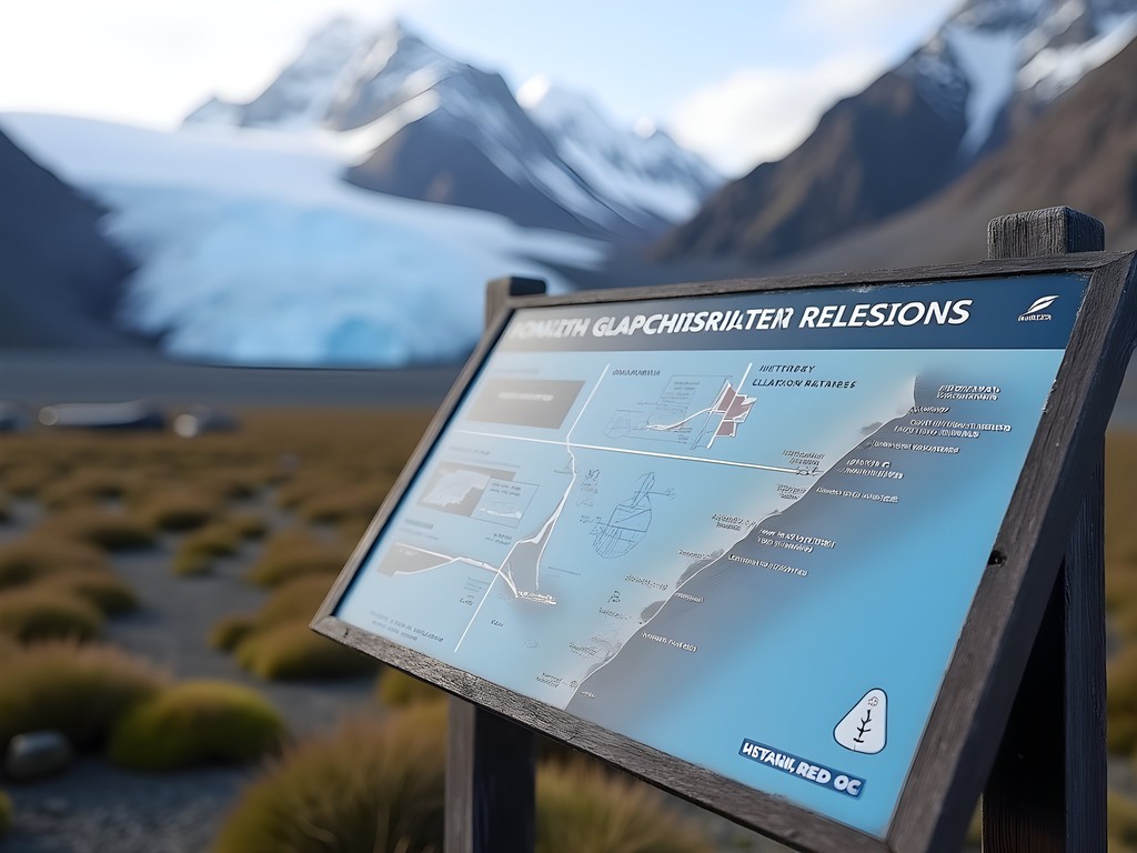Glacier recession marker showing ice retreat in Patagonia