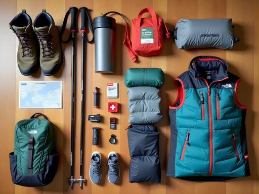 Essential hiking gear laid out for Patagonia trek including technical clothing and equipment