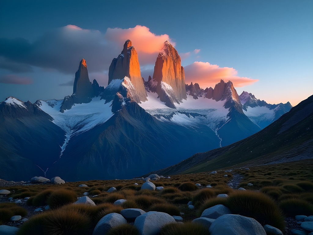 Hiker watching sunrise illuminate Mount Fitz Roy in El Chaltén, Patagonia
