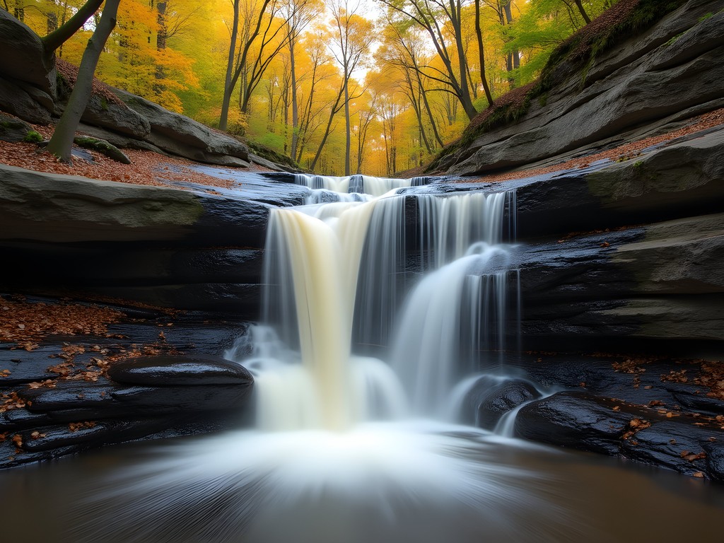 Hemlock Falls in South Mountain Reservation surrounded by fall colors