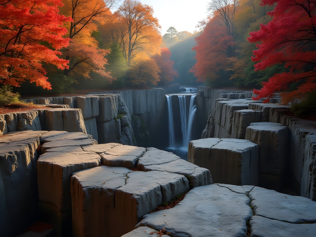 Ancient basalt columns in Watchung Reservation with fall foliage