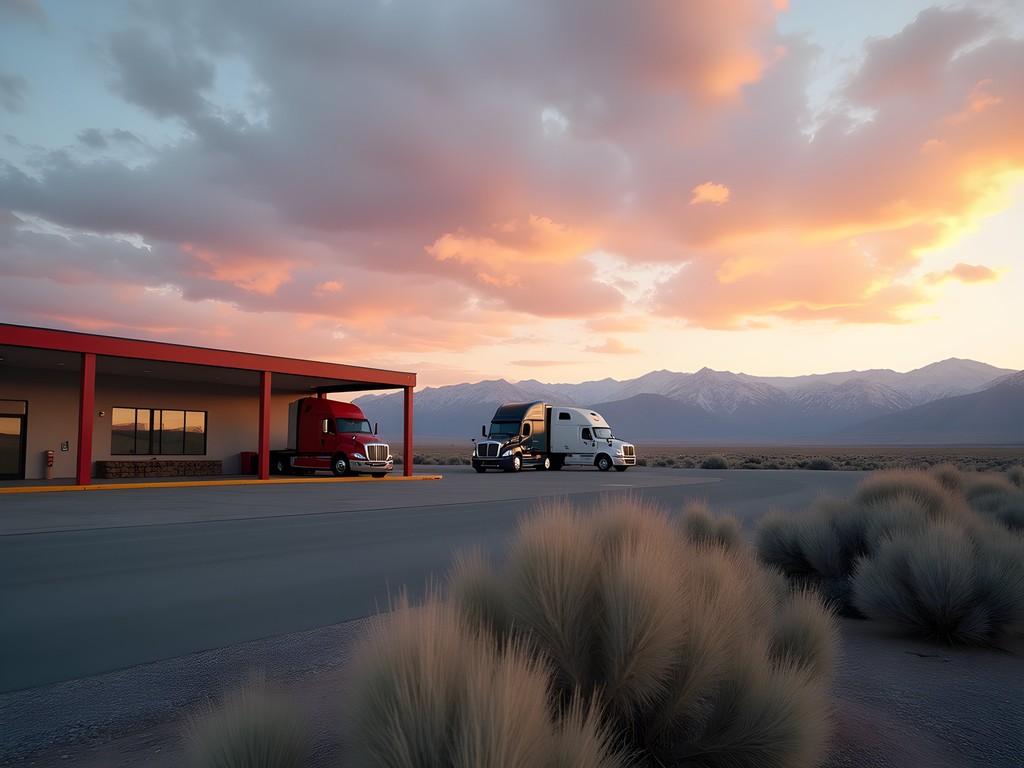 Early morning at Fernley truck stop with mountain silhouette