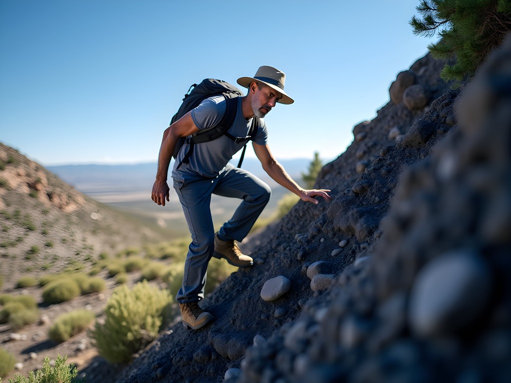 Solo hiker scrambling up volcanic rock on Nevada desert peak