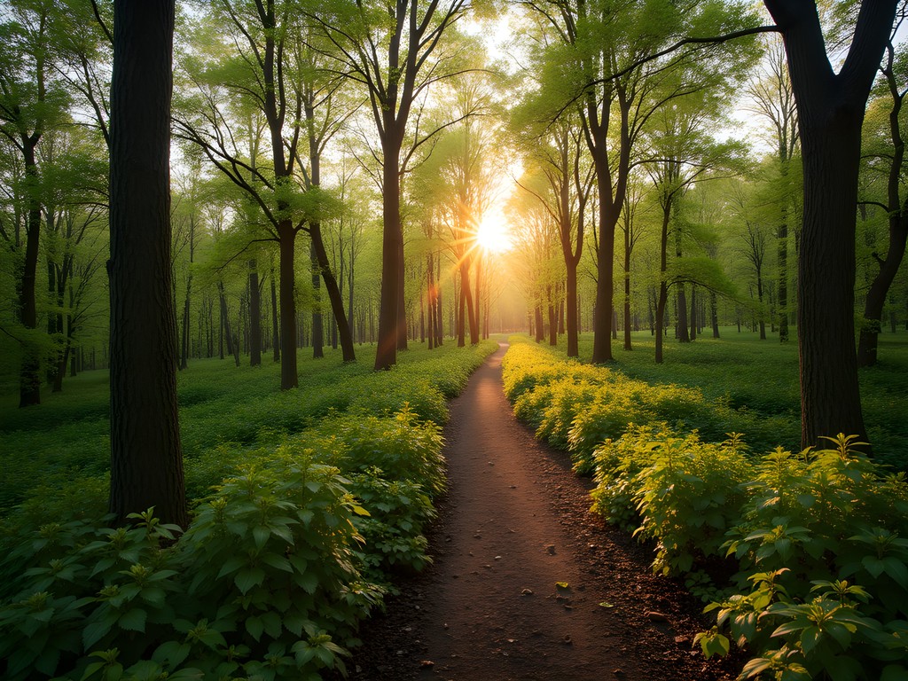 Morning light filtering through trees on Iron Hill Trail in Glasgow, Delaware
