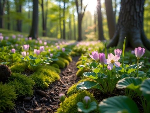 Spring foraging on a hillside in Glasgow, Delaware showing early spring edible plants