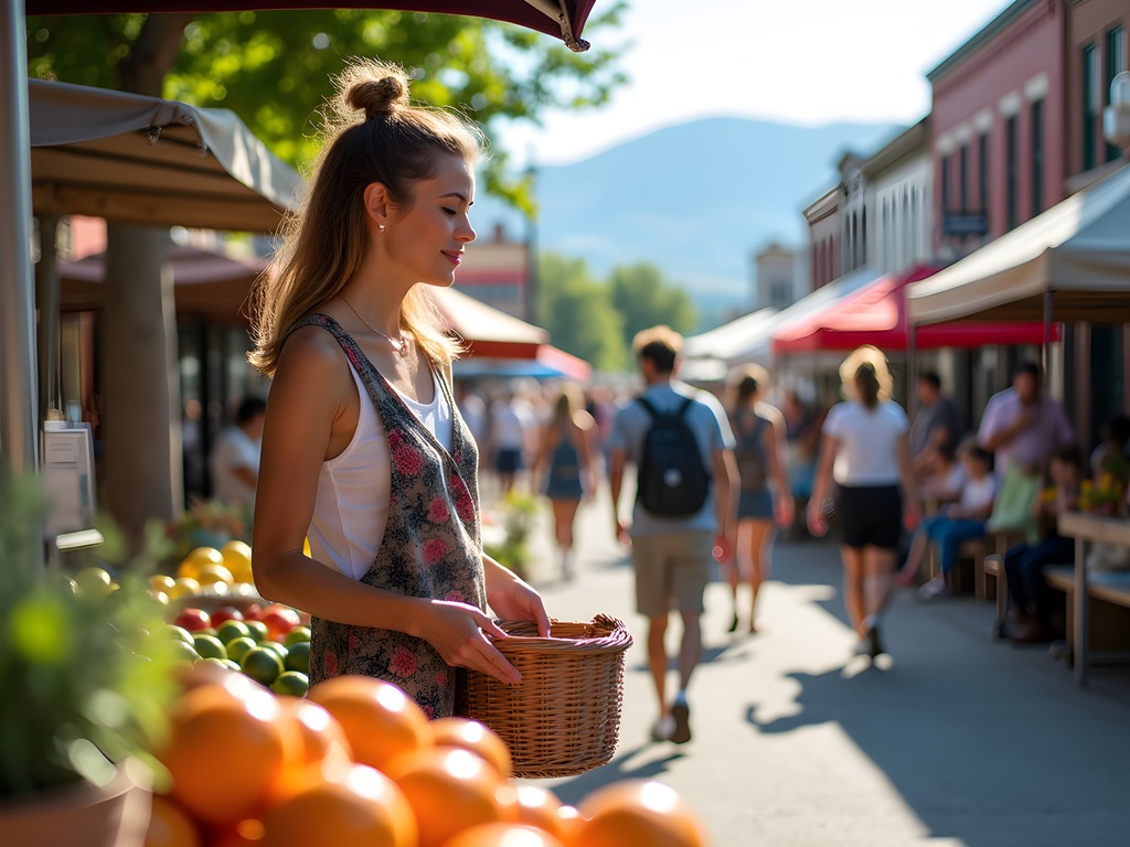 Woman browsing local artisan goods at outdoor market in downtown Great Falls