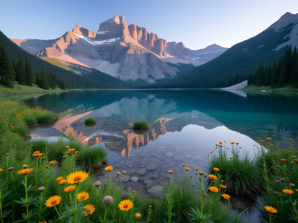 Woman hiking at Two Medicine Lake in Glacier National Park with mountain reflections