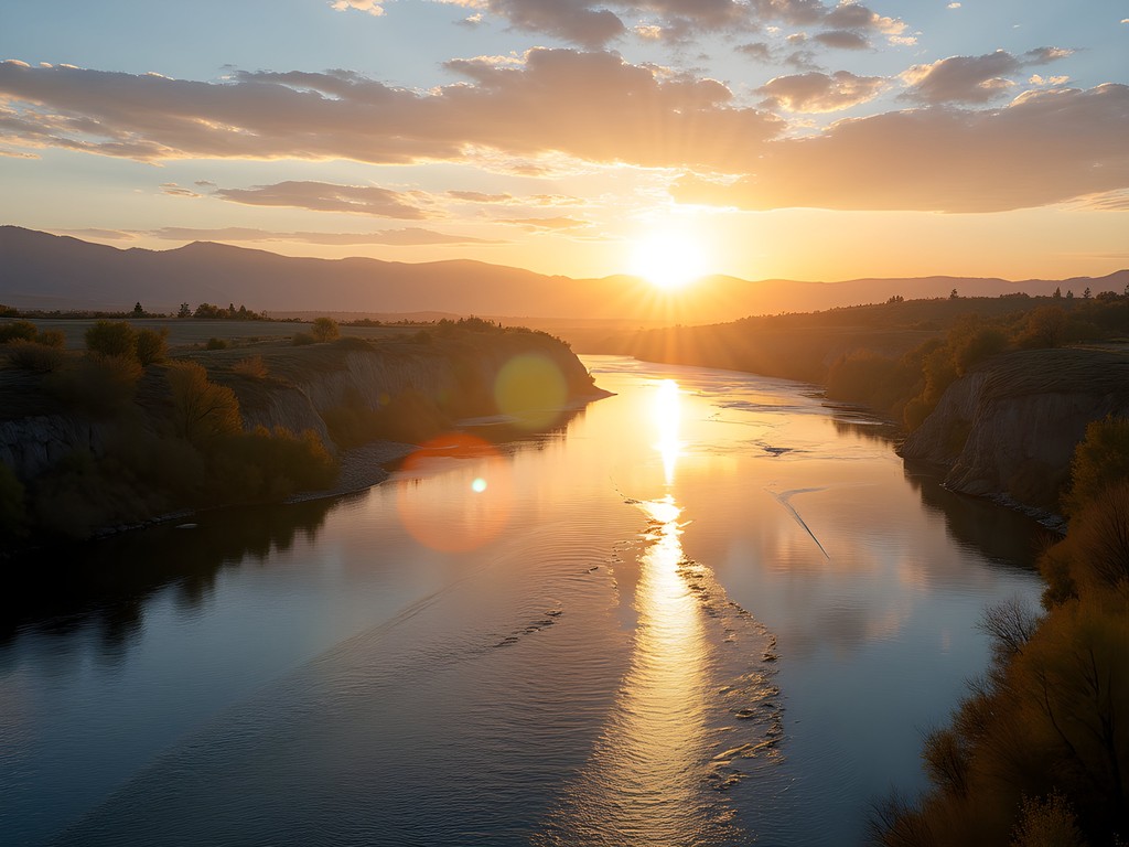 Sunrise view of Missouri River from Great Falls with mountain silhouettes in background