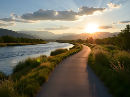 Scenic paved trail along Missouri River with mountain views in Great Falls