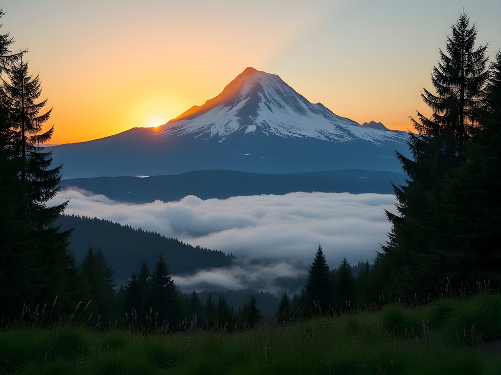 Mt. Hood sunrise view from Gresham with fog in valley