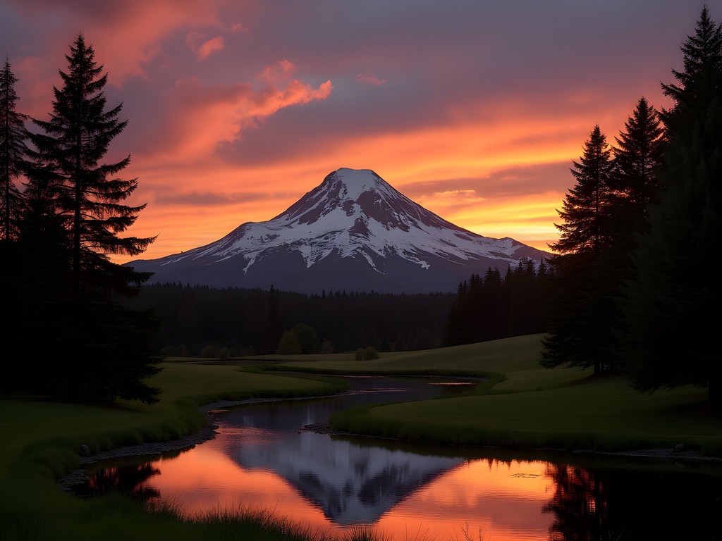 Mt. Hood silhouette at sunset viewed from Gresham park