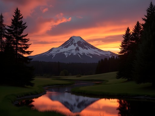 Mt. Hood silhouette at sunset viewed from Gresham park