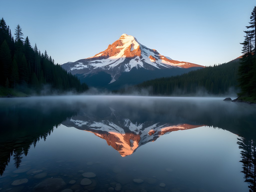 Perfect reflection of Mt. Hood in Mirror Lake at dawn