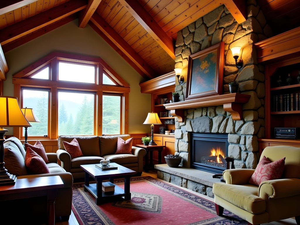 Detailed woodwork and stone masonry inside Timberline Lodge