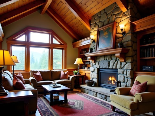 Detailed woodwork and stone masonry inside Timberline Lodge