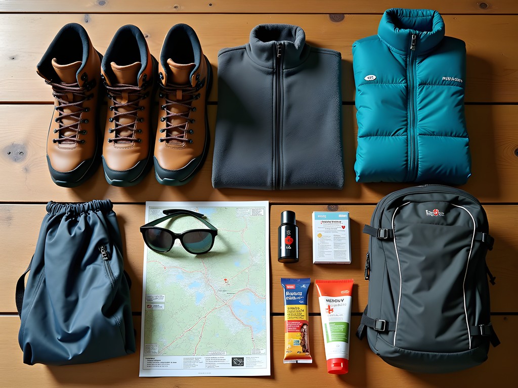 Essential hiking gear laid out for Eiger Trail hike including layers, hiking boots, and safety equipment