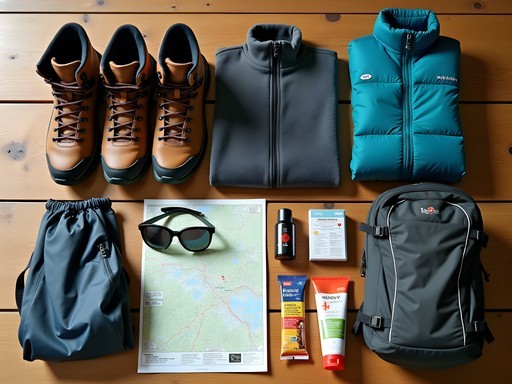 Essential hiking gear laid out for Eiger Trail hike including layers, hiking boots, and safety equipment