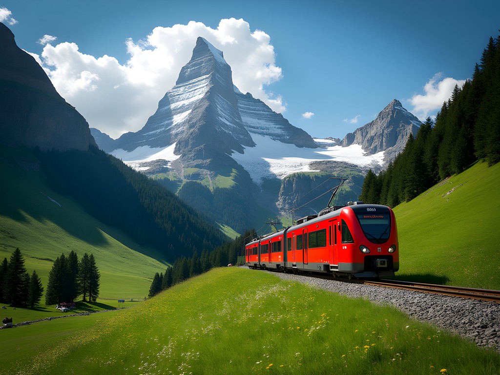 Mountain train traveling through alpine landscape with Eiger mountain backdrop
