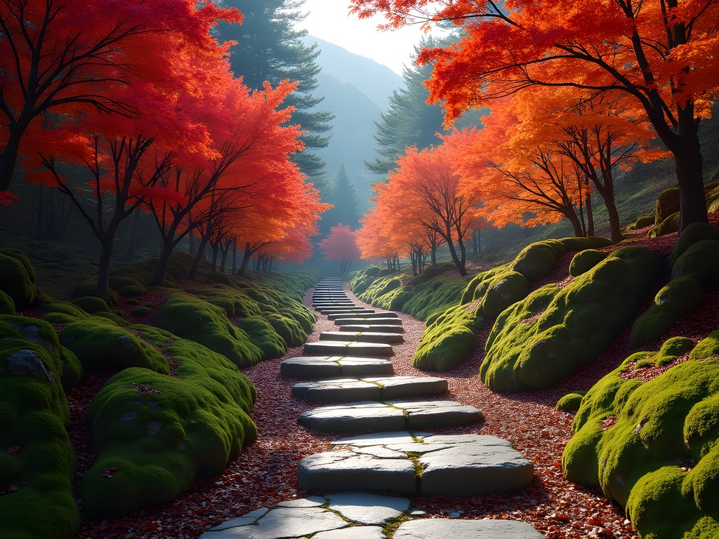 Ancient stone-paved path of Old Tokaido Highway surrounded by autumn foliage in Hakone