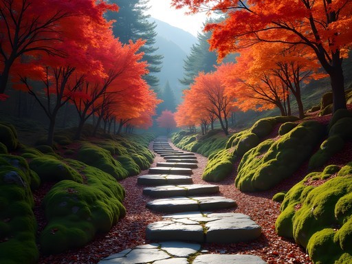 Ancient stone-paved path of Old Tokaido Highway surrounded by autumn foliage in Hakone