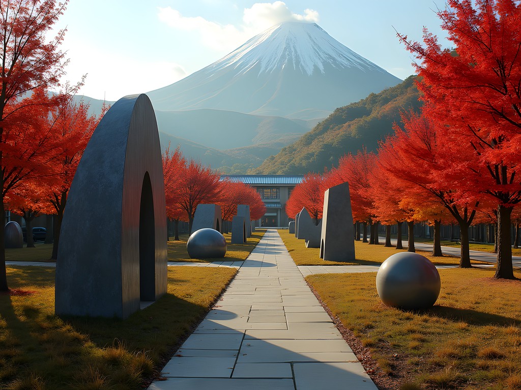 Hakone Open-Air Museum sculpture garden with mountain backdrop and fall foliage