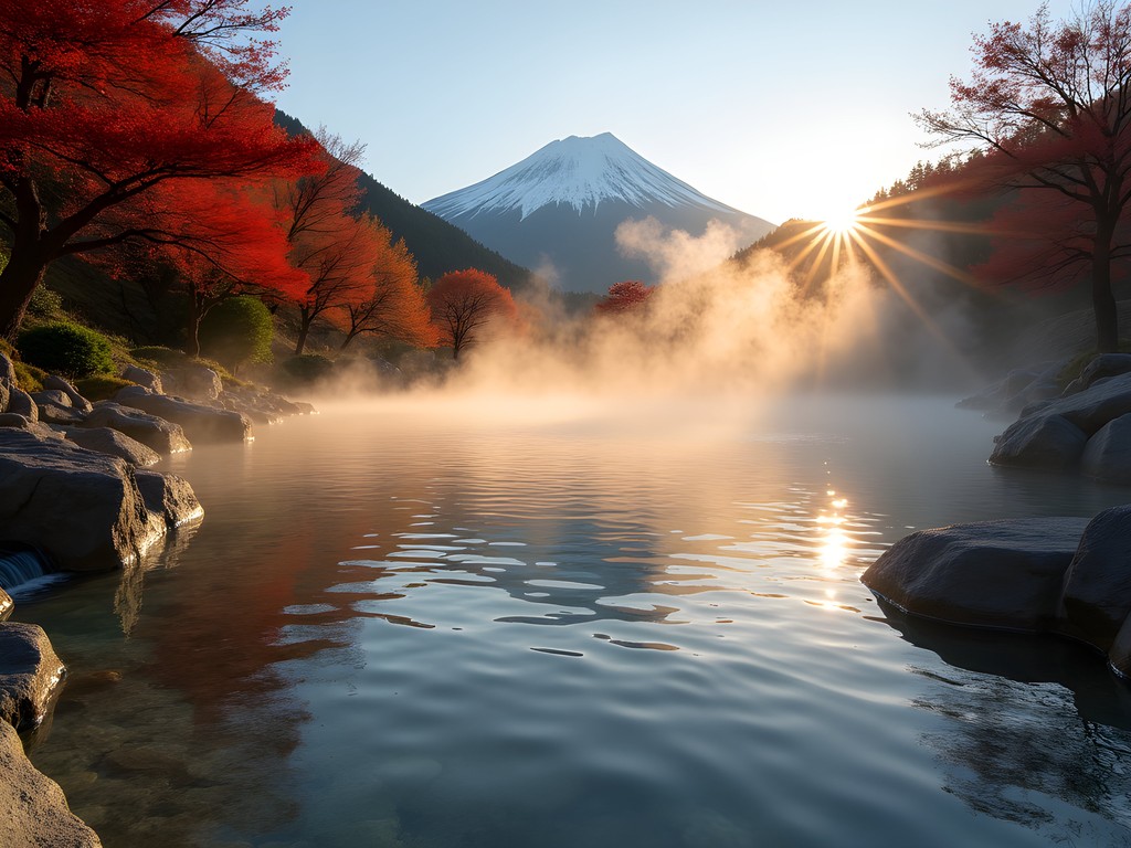 Scenic outdoor hot spring bath in Hakone with Mount Fuji view and autumn foliage