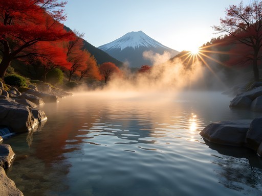 Scenic outdoor hot spring bath in Hakone with Mount Fuji view and autumn foliage