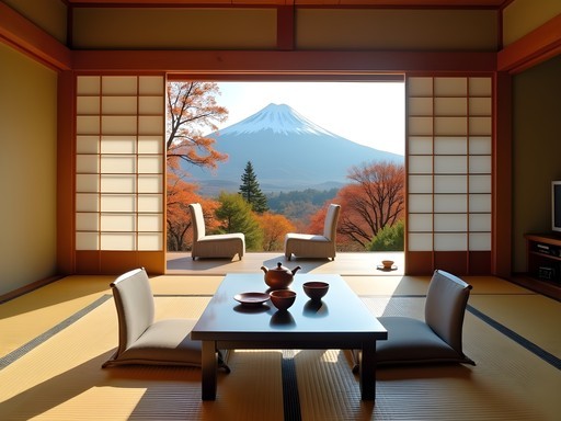 Traditional Japanese ryokan room with tatami mats, sliding doors and Mount Fuji view