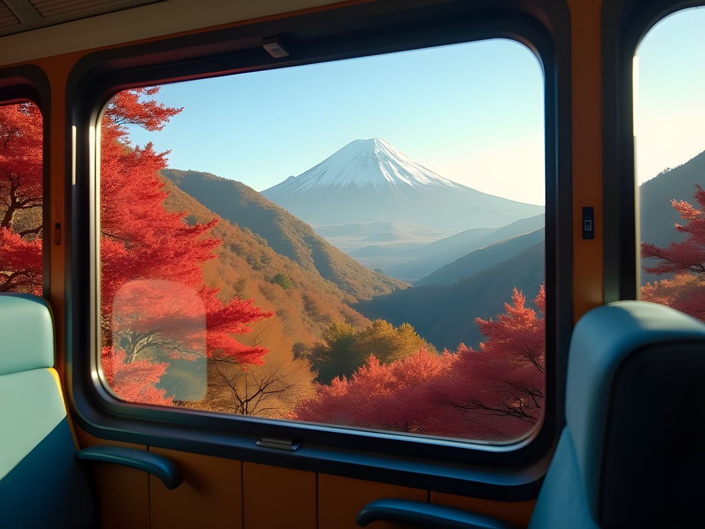 Scenic view from Hakone train window showing autumn foliage and mountains