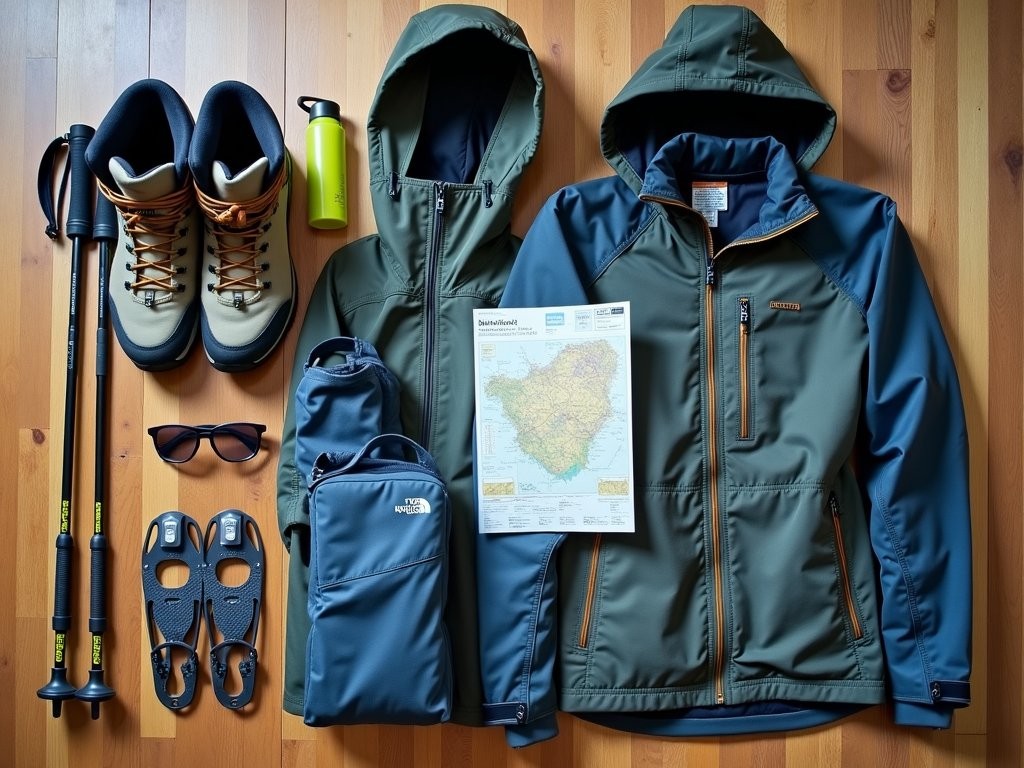 Essential hiking gear laid out for Vatnajökull region trek including layers, navigation tools, and safety equipment