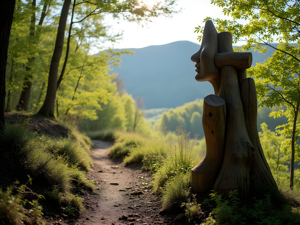 Rustic wooden sculpture along forested trail at Heritage Farm Museum with morning light