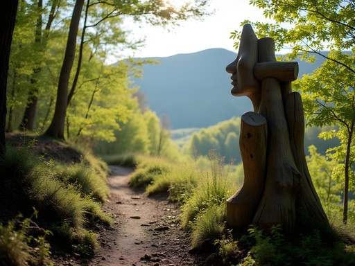 Rustic wooden sculpture along forested trail at Heritage Farm Museum with morning light