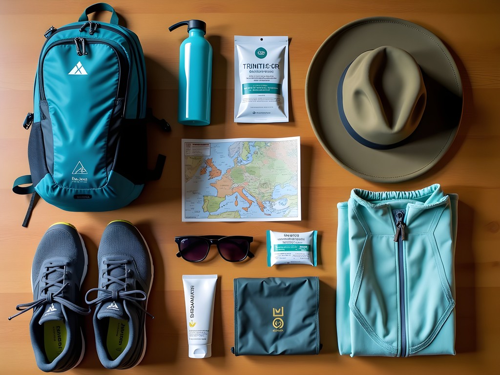 Flat lay of essential day hiking gear for mountain escapes near cities