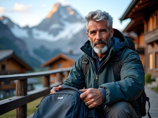 Traveler preparing gear in Grindelwald with Eiger North Face visible in background