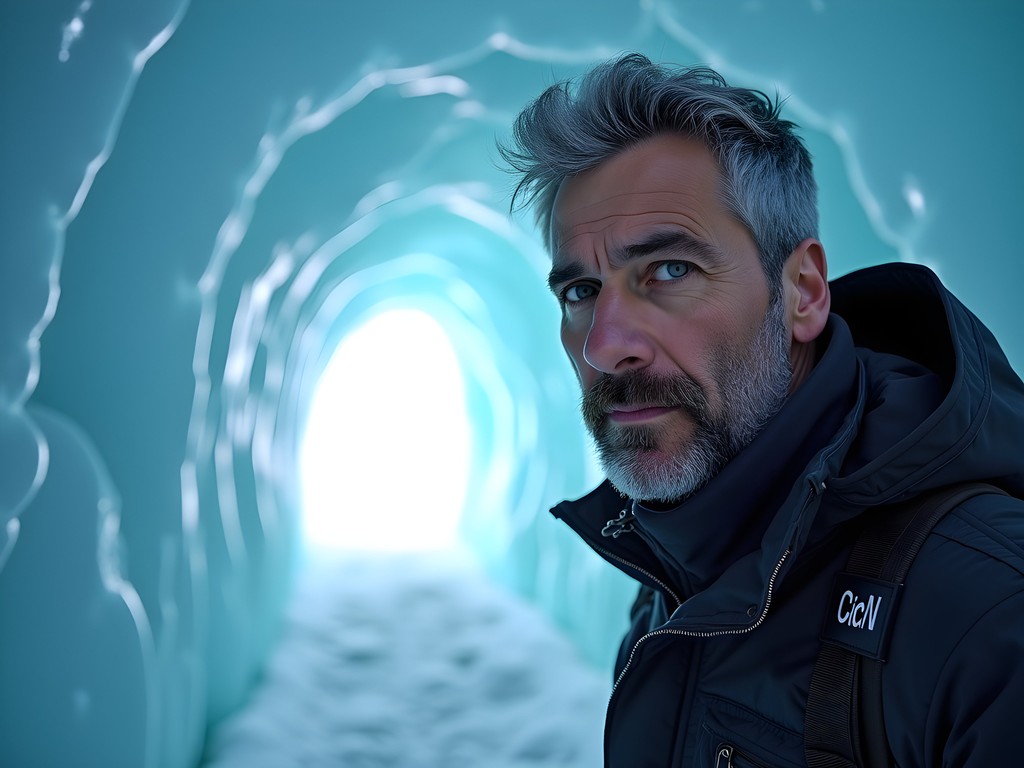 Traveler exploring illuminated ice tunnel in Jungfraujoch Ice Palace glacier