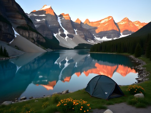 Alpine lake with tent and mountains reflected in still water near Kalispell Montana