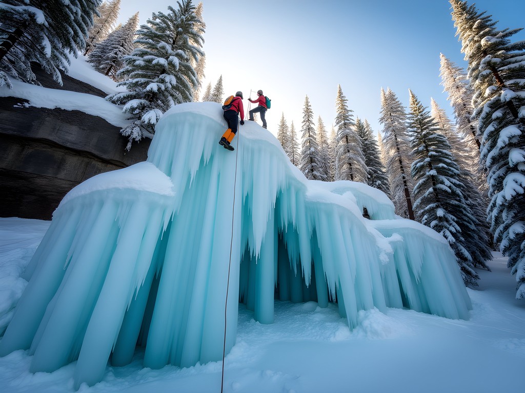 Ice climbers ascending frozen waterfall in Swan Valley near Kalispell Montana