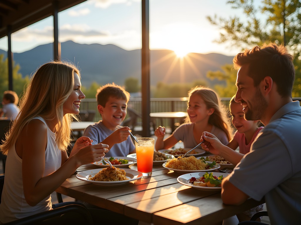 Family enjoying outdoor dining at a Lakewood restaurant with mountain views