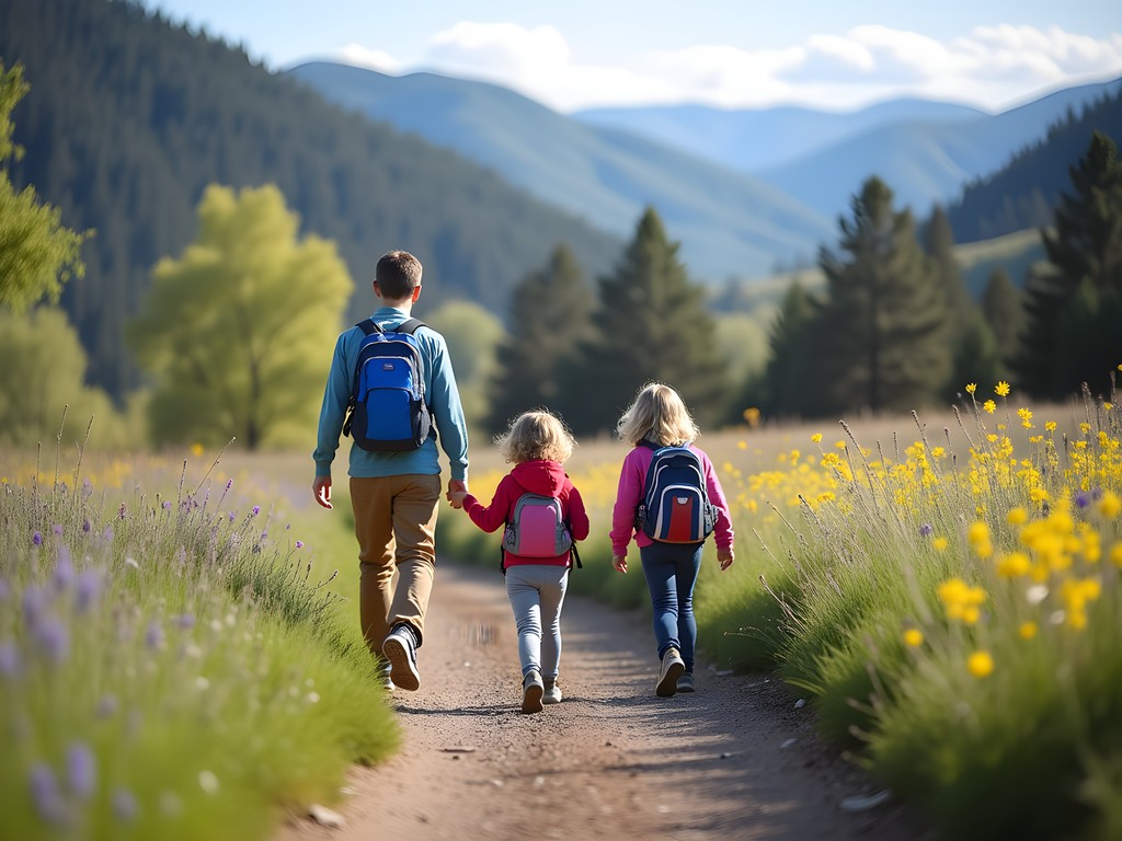 Family hiking on Bear Creek Trail in Lakewood with mountains in background